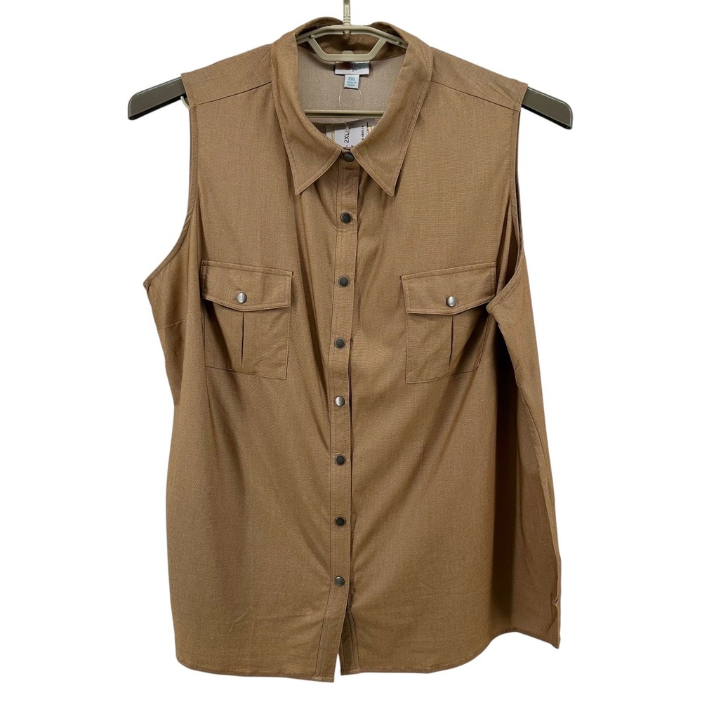 LuLaRoe Roxanne Snap Tank 2XL Camel Brown Woven Denim Sleeveless Snap Down New